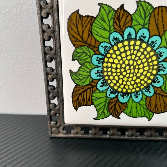 VTG Holt Howard Flower Tile Green Brown Metal Trivet 1970s Japan Ceramic Kitsch - Picture 4 of 15
